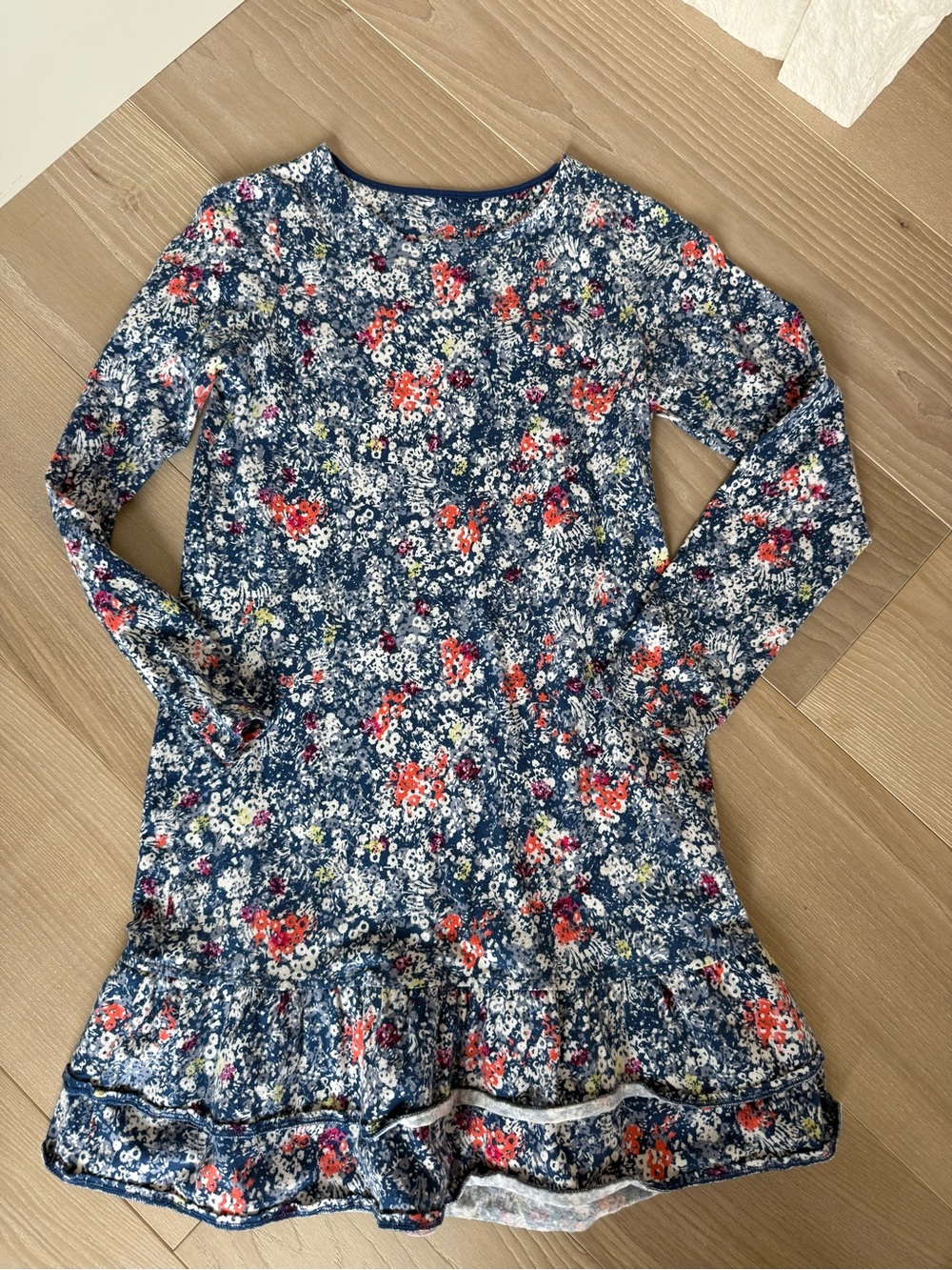 Lands' End Navy Floral Ruffle-Hem Long Sleeve Dress